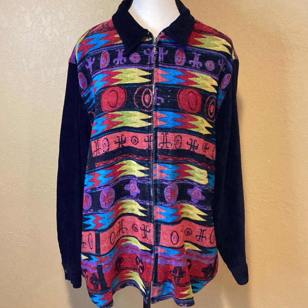 Vintage Chico's Design Aztec Tribal Print Long Sleeve Zip Up, Size 2 (Large/12)